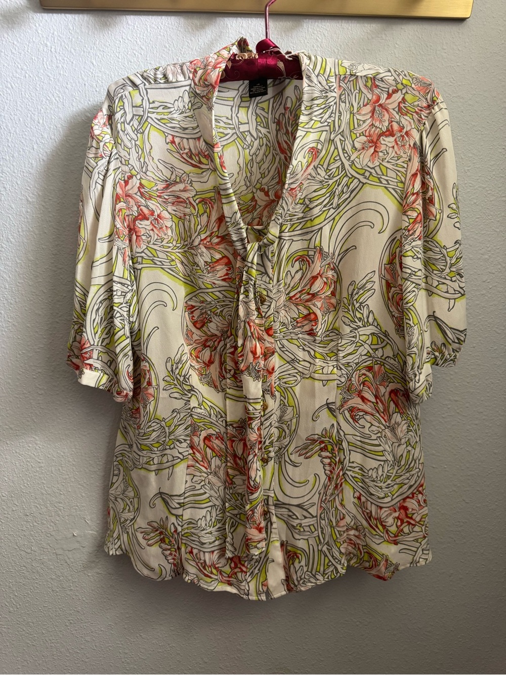 Miss Tina Cream Blouse with Coral & Lime Floral Print